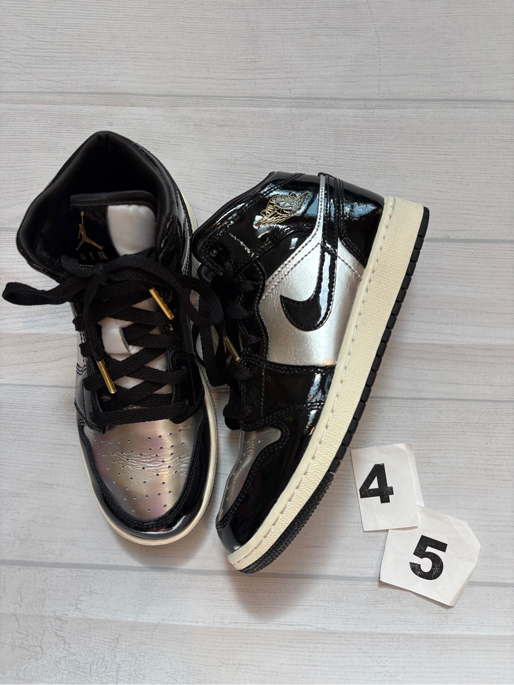Jordan Black & Silver Patent Leather mid Sneakers